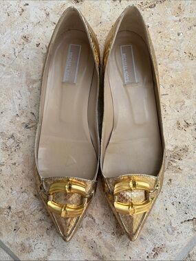 Michael Kors Gold Metallic Pointed Flats with Decorative Buckle